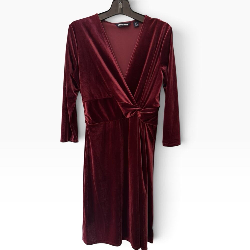 Lands End Burgundy Faux Wrap Velvet V Neck Dress Size Medium